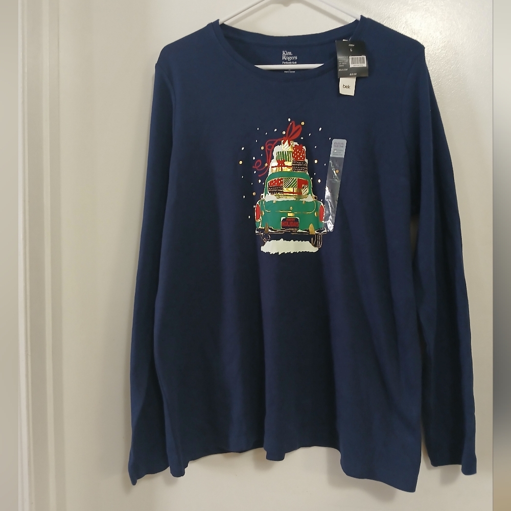 Kim Rogers Womens Perfectly Soft Tee Top L Navy Blue